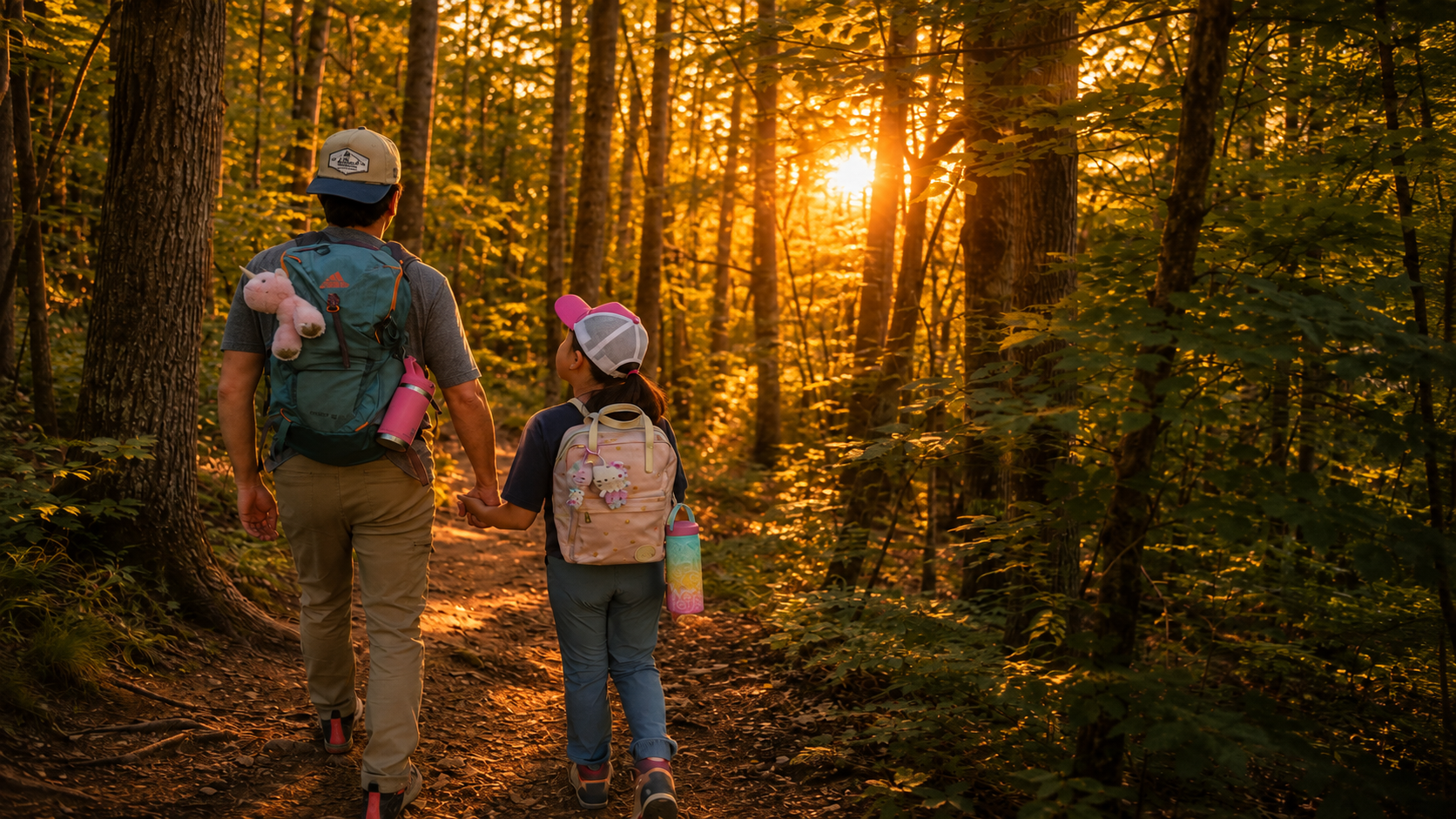 A father and daughter walking together on a sunset trail
