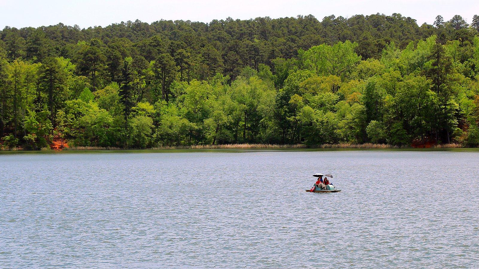 Tyler State Park lake with a paddleboat under the pines